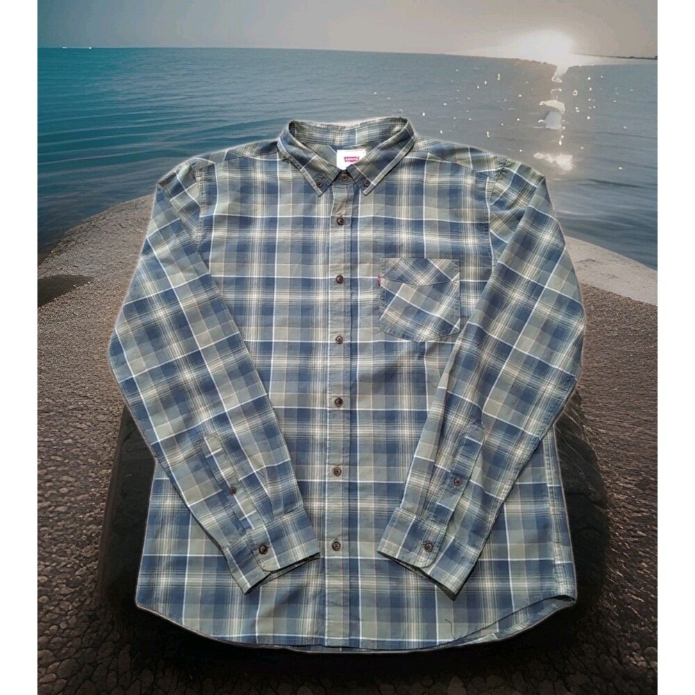 LEVI'S LONG SLEEVE SHIRT BLUE/GREEN PLAID COTTON BUTTON UP MEN'S SIZE LARGE EUC